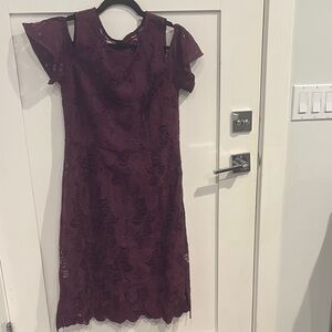 Isaac Mizrahi Burgundy Lace Midi off the shoulder Dress